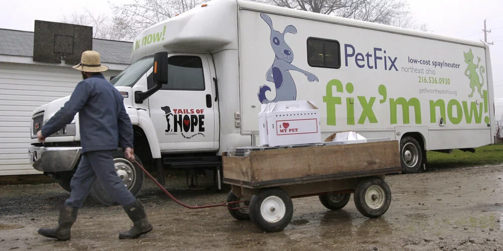 An Amish man pulls a cart full of eight trapped barn cats passed the PetFix of Northeast Ohio mobile spay/neuter clinic at an Amish farm in Middlefield, Ohio on Saturday, Nov. 15, 2008.  The surgery date was part of a program called 'Fix It In The Farmland' - a low cost spay/neuter program of the Geauga Humane Society which is aimed at providing low cost surgeries for the pets of the county's rural population.  Saturday's surgeries were the first performed on location at an Amish farm. (AP Photo/Amy Sancetta) 2015/09/fixitfarmland2.jpg 