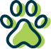 A green paw print with a dark blue outline, featuring four toes and a large pad in the center, on a transparent background.