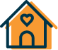 A simple orange house icon with a dark outline, featuring a heart shape above the arched doorway, symbolizing home and love.