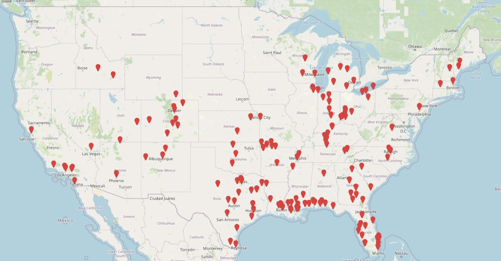 A map of the United States shows numerous red location pins scattered across the country, most densely in the central and southeastern regions, indicating various specific sites or points of interest.