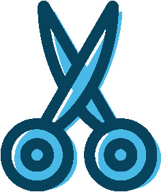 A simple, stylized blue icon of a pair of scissors with overlapping blades and round handles, viewed from the front.