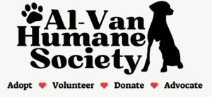 Logo for Al-Van Humane Society with a paw print, a dog silhouette, and the words Adopt, Volunteer, Donate, and Advocate each separated by a red heart.
