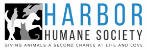 Logo for Harbor Humane Society featuring silhouettes of a dog and three cats, with the text: Harbor Humane Society. Giving animals a second chance at life and love.