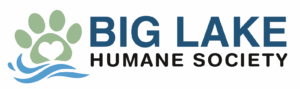 Logo for Big Lake Humane Society featuring a green paw print with a heart in the center, blue waves below, and the text Big Lake Humane Society in bold blue and black letters.