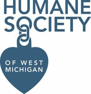 Blue logo of the Humane Society of West Michigan with the text inside and around a heart-shaped pet tag hanging from a clasp.