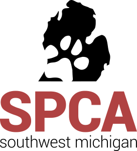 Black silhouette of a dog and a cat sitting together above large red letters that spell SPCA, representing an animal welfare organization.