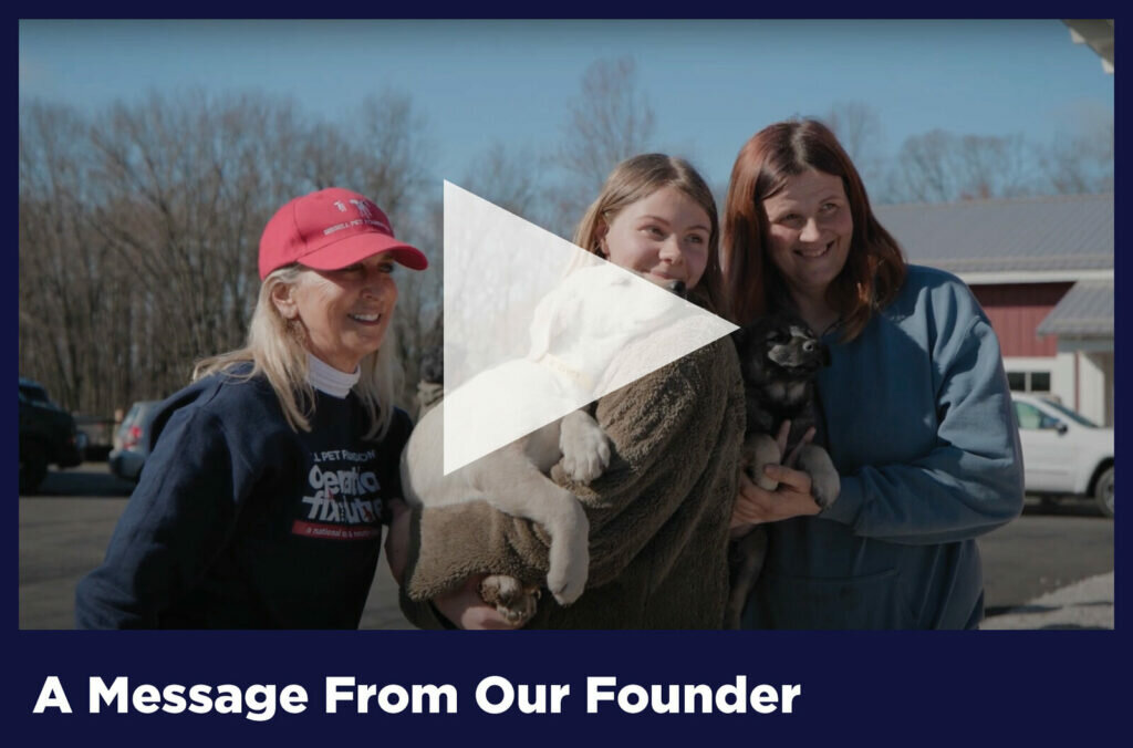 Three smiling women stand outside on a sunny day, with two holding dogs. Leafless trees and a red building are visible in the background. A large, transparent play button overlays the image, with text below reading A Message From Our Founder.