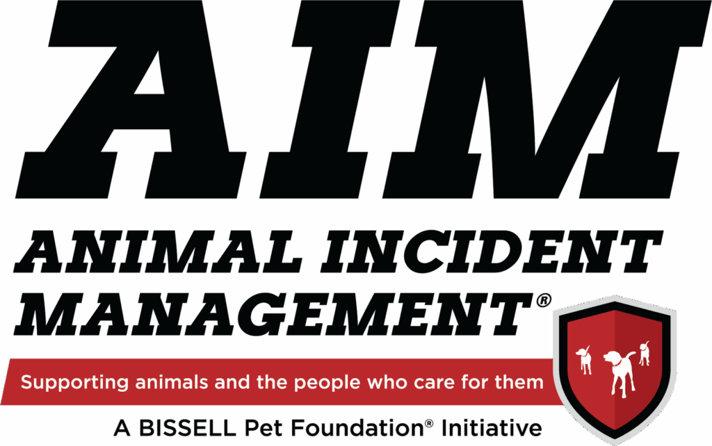 Logo with large text AIM Animal Incident Management. Below is a red banner: Supporting animals and the people who care for them. Bottom reads: A BISSELL Pet Foundation Initiative. A shield icon shows pet and person figures.