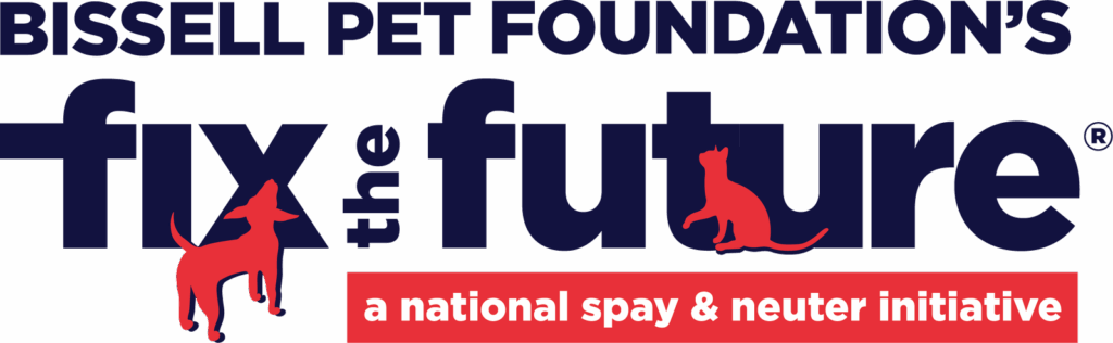 Logo for BISSELL Pet Foundation’s “Fix the Future” national spay and neuter initiative, featuring navy and red text with red silhouettes of a dog and cat.