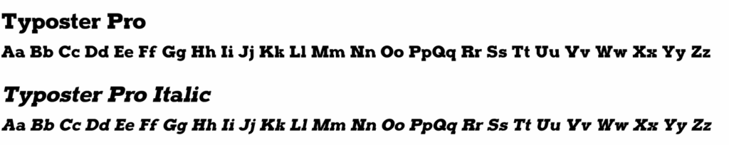 Sample text showing the Typoster Pro font in regular and italic styles with uppercase and lowercase letters A–Z, displayed in bold black on a white background.