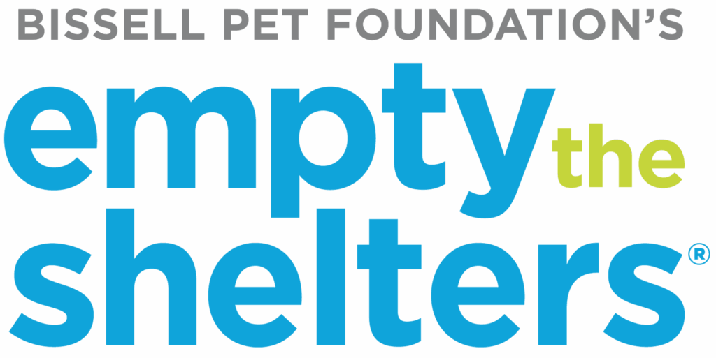 Logo for BISSELL Pet Foundation’s “Empty the Shelters” campaign, with the words empty the shelters in large blue and green text below the organization’s name in gray.