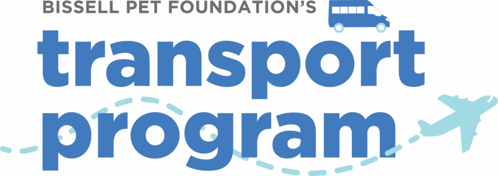 Logo for the BISSELL Pet Foundation’s Transport Program, featuring large blue text, a blue van icon, and a blue airplane icon with a dotted travel path connecting them.