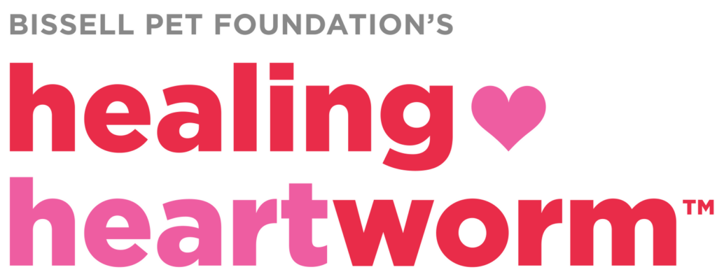 Text graphic reading BISSELL PET FOUNDATIONS healing heartworm with the word healing in dark pink, a heart symbol in place of the a, and the word heartworm in light pink and red.