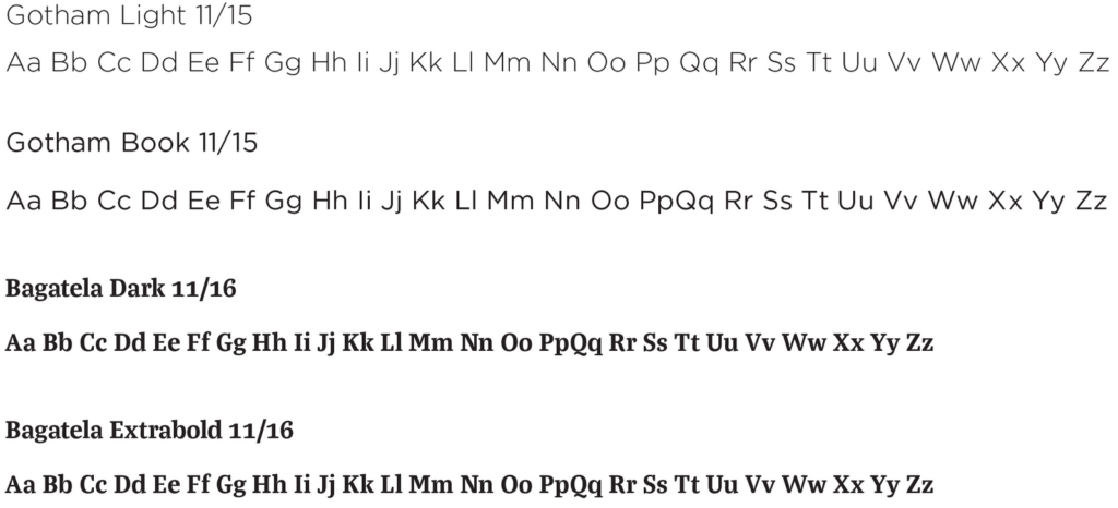 A sample showing Gotham font in four styles: Light, Book, Dark, and Extrabold, each displaying uppercase and lowercase letters, numbers, and punctuation in different weights and sizes.