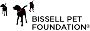 Three black dog silhouettes wearing red collars stand above the text BISSELL PET FOUNDATION® in bold black letters on a light background.