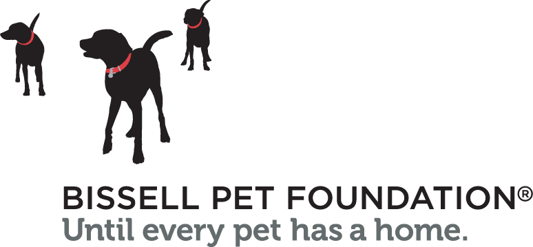 Three black dog silhouettes wearing red collars stand above the text Bissell Pet Foundation. Until every pet has a home. on a white background.