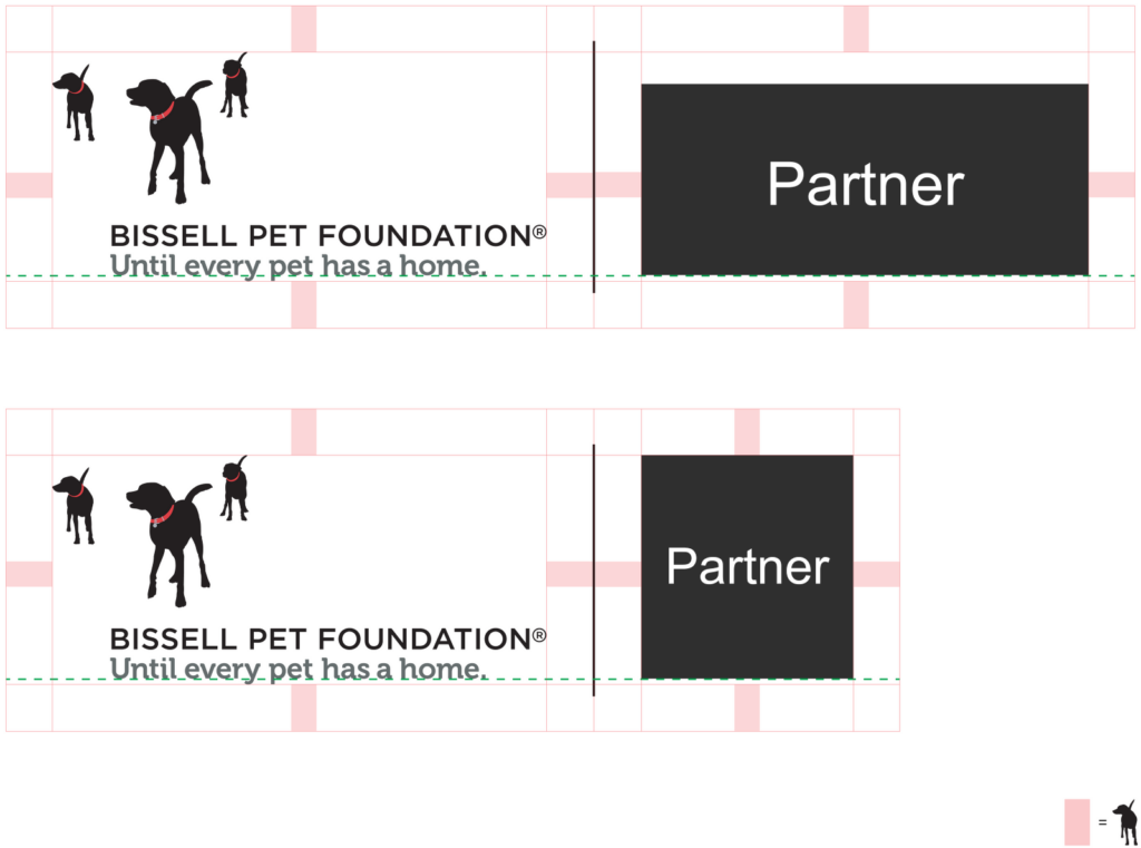 Two versions of a BISSELL Pet Foundation partner graphic, both with silhouettes of dogs, the foundation’s name, slogan Until every pet has a home, and a black rectangle labeled Partner.