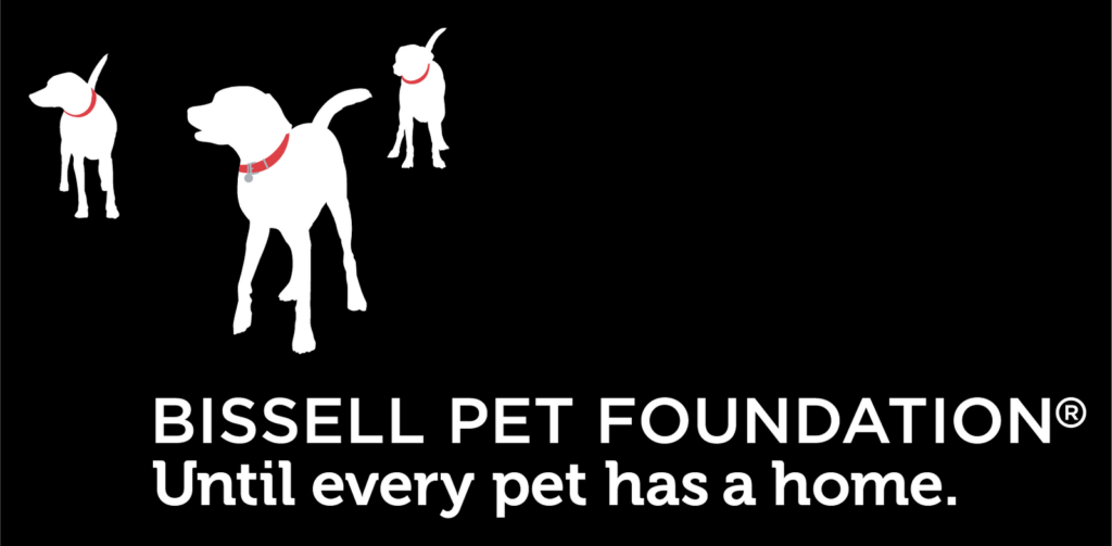 Three white dog silhouettes wearing red collars on a black background above the BISSELL PET FOUNDATION logo and the text, “Until every pet has a home.”.