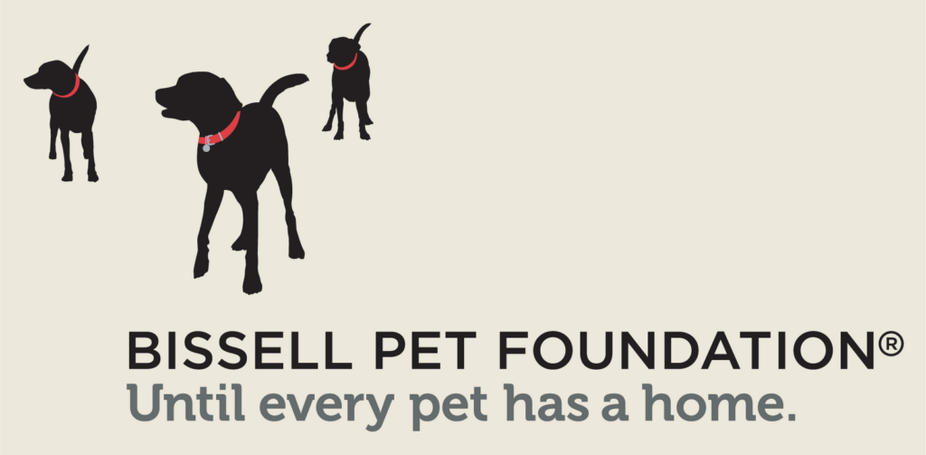 Three black dog silhouettes with red collars and the text BISSELL PET FOUNDATION® Until every pet has a home. on a light background.