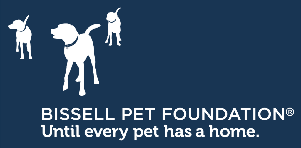 White silhouettes of three dogs on a dark blue background with the text BISSELL PET FOUNDATION® Until every pet has a home. written below them in bold white letters.