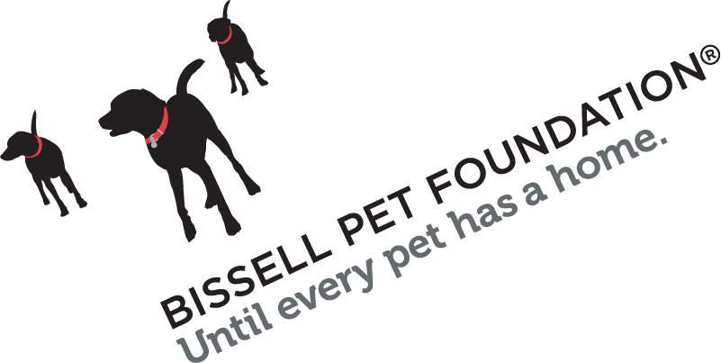 Three black dog silhouettes wearing red collars, above the text “BISSELL PET FOUNDATION® Until every pet has a home.” The text is angled upward to the right.