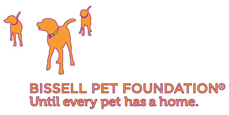 Three orange dog silhouettes with pink outlines stand above the text, BISSELL PET FOUNDATION® Until every pet has a home. The design is on a white background.