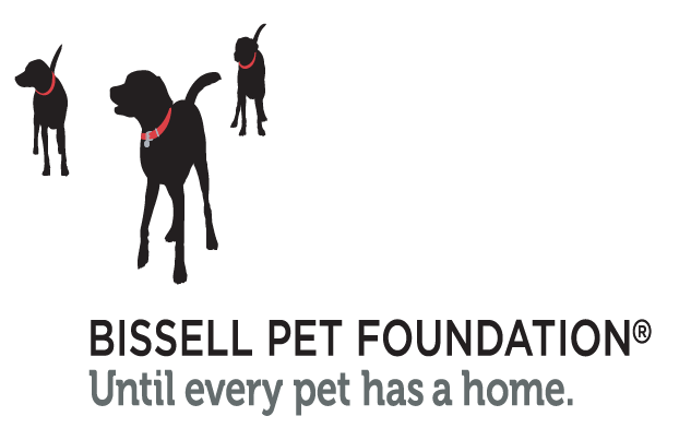 Three black dog silhouettes with red collars and the text BISSELL PET FOUNDATION® Until every pet has a home. on a white background.
