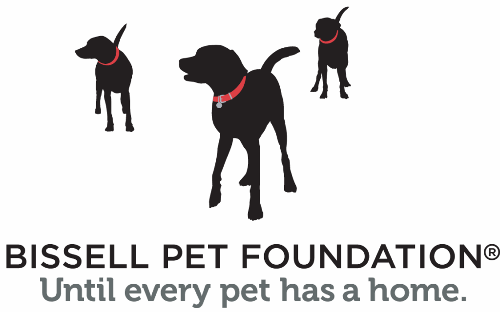 Three black dog silhouettes wearing red collars stand above the text “BISSELL PET FOUNDATION® Until every pet has a home.” on a light background.
