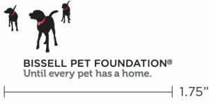 Three black dog silhouettes with red collars stand above the text BISSELL PET FOUNDATION® Until every pet has a home. A line below indicates a length of 1.75 inches.