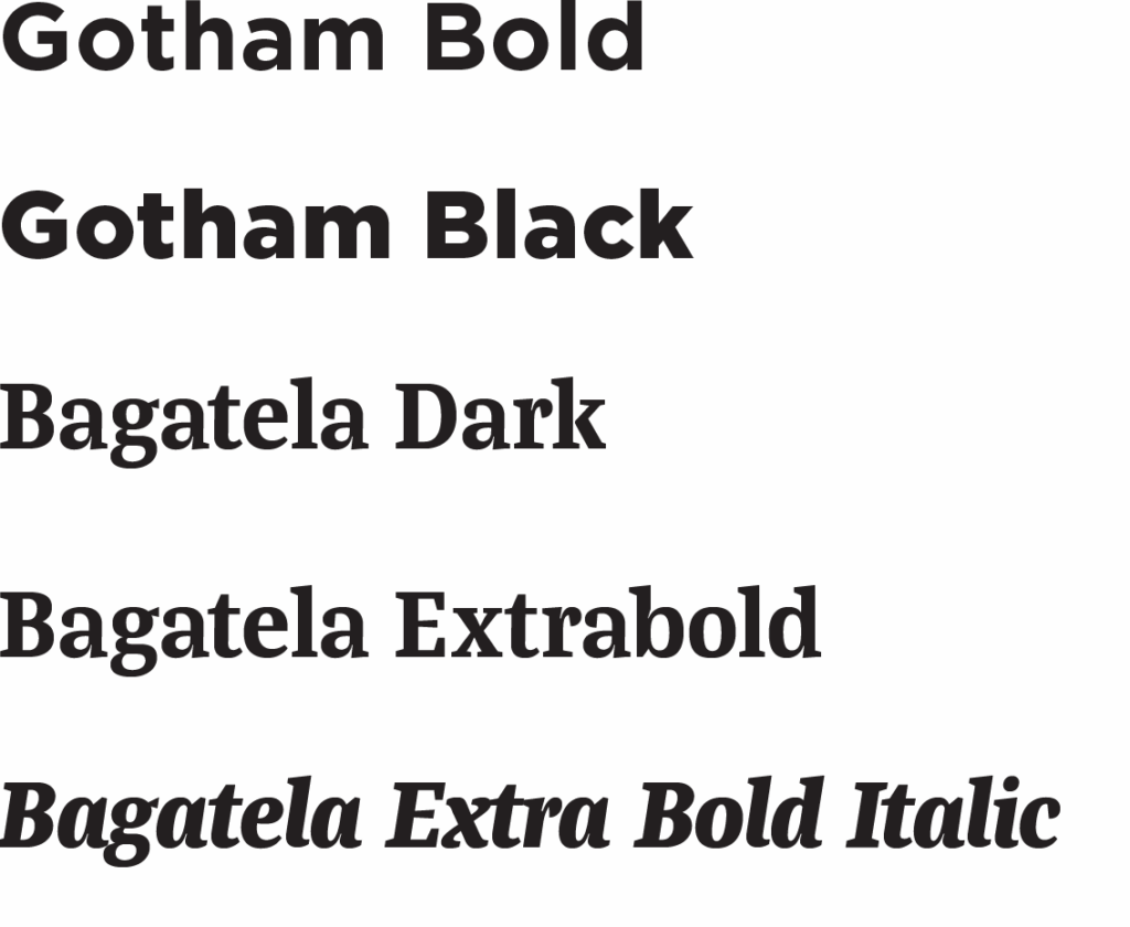 Text samples in different font styles: “Gotham Bold,” “Gotham Black,” “Bagatela Dark,” “Bagatela Extrabold,” and “Bagatela Extra Bold Italic,” each displayed in its respective typeface.