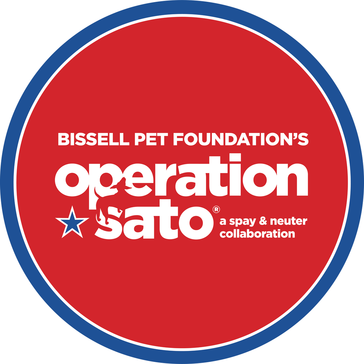 Red circular logo with a white and blue border. Text reads BISSELL PET FOUNDATIONS operation sato® a spay & neuter collaboration. Silhouettes of a dog and cat appear in the word operation.