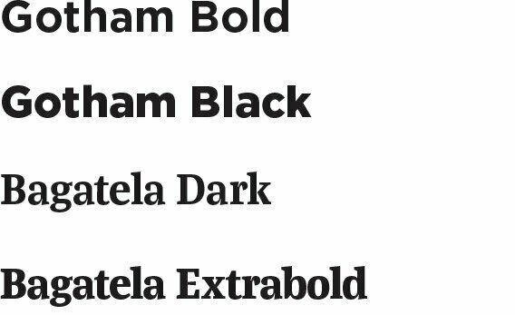 Text samples displayed in four different fonts: Gotham Bold, Gotham Black, Bagatela Dark, and Bagatela Extrabold, each showcasing the style and weight of the respective typefaces.