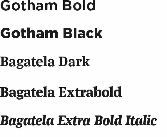 Text samples in various fonts: Gotham Bold, Gotham Black, Bagatela Dark, Bagatela Extrabold, and Bagatela Extra Bold Italic, each displayed in its respective style.
