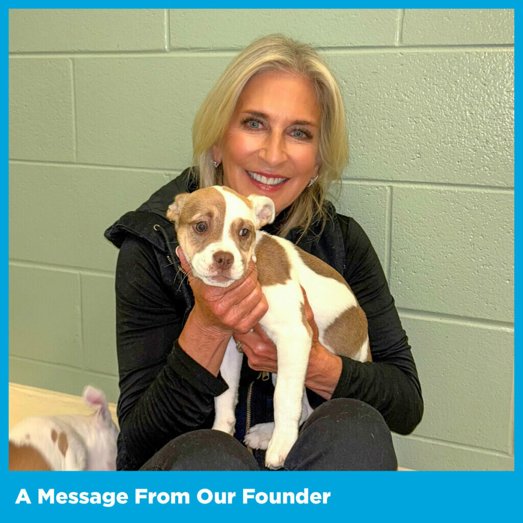 A smiling woman with blonde hair sits against a light green wall, holding a brown and white puppy in her arms. Text at the bottom reads, A Message From Our Founder.