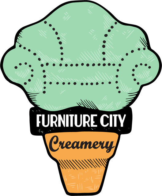 Illustrated logo of a green ice cream scoop atop a cone, with Furniture City written in white on a black banner and Creamery in script on a yellow banner below.