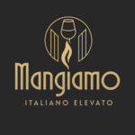 Logo for Mangiamo Italiano Elevato with stylized gold text on a black background. Above the name is a graphic of a wine glass and two vertical shapes, with a flame integrated into the g in Mangiamo.
