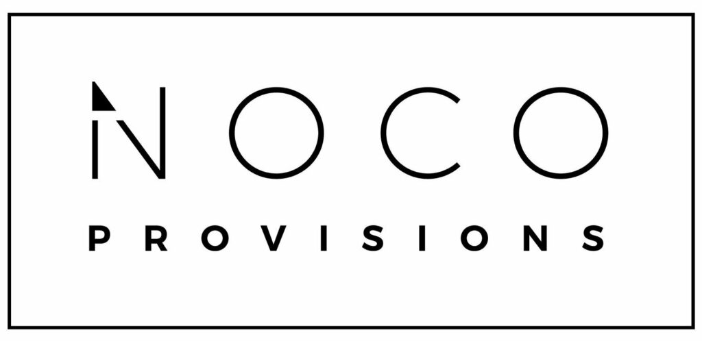 Black and white logo for NOCO Provisions with modern, minimalist font and a rectangular border. The N is stylized with a diagonal cut at the top left.