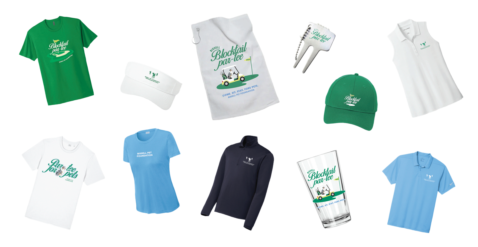 A collection of golf-themed merchandise including shirts, a hat, a visor, a towel, tees, a glass, and a quarter-zip pullover, all with green and blue colors and playful themed graphics or text.