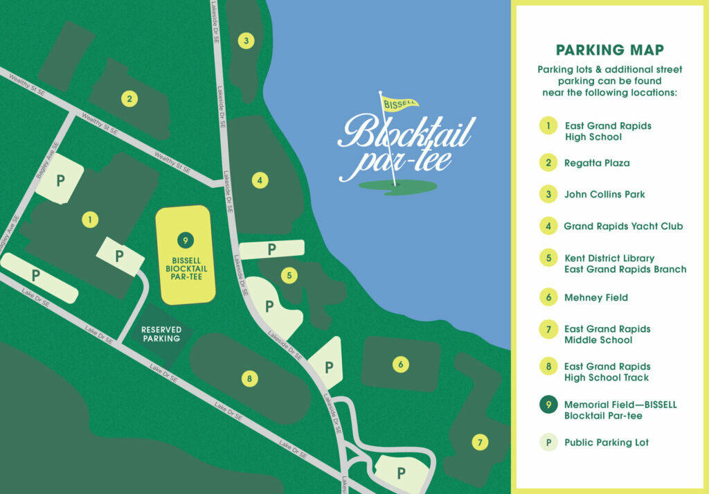 Event parking map for BISSELL Blocktail Par-tee, showing numbered parking locations, event site, a lake, nearby roads, and a key listing eight parking lots, including schools, plazas, and a library.