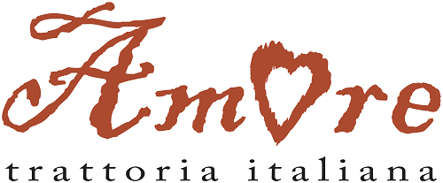 Logo for Amore trattoria italiana with Amore in a rustic script font, featuring a heart shape as the letter o. The words trattoria italiana appear below in a simple serif font.