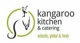 Logo for kangaroo kitchen & catering featuring a simple outline of a kangaroo inside a green circle. The tagline below reads eclectic, global & fresh in green and yellow text.