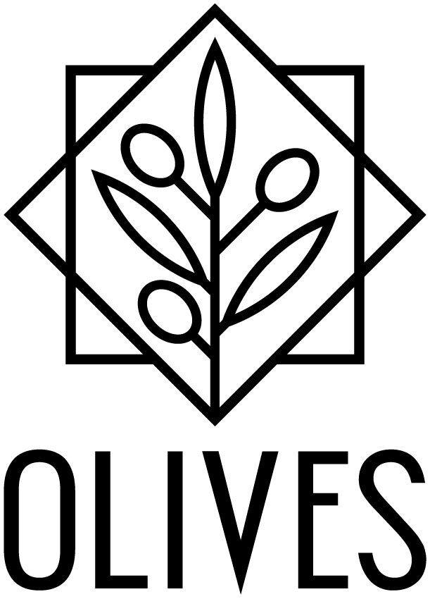 A black and white minimalist logo featuring an olive branch with leaves and olives inside a geometric diamond shape, above the word OLIVES in bold, uppercase letters.