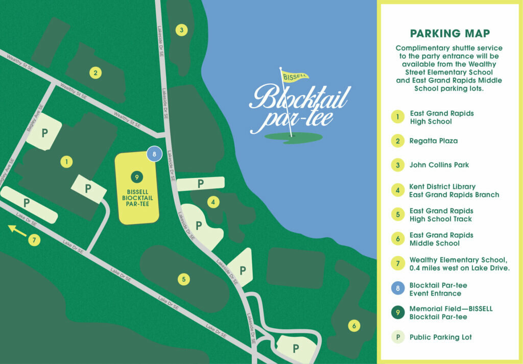 Une carte de stationnement colorée illustrée montre les emplacements des navettes, les stationnements marqués « P » et les sites clés pour le Bissell Blocktail Par-tee, incluant East Grand Rapids High, Regatta Plaza, John Collins Park et Bissell Blocktail Par-tee.