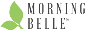 Logo avec deux feuilles vertes à gauche et les mots MORNING BELLE en lettres noires majuscules à droite, avec un symbole de marque déposée après BELLE, le tout sur un fond clair.