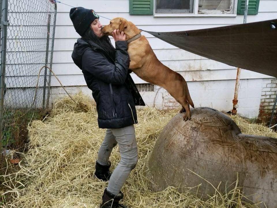 Une femme vêtue d'une veste noire et d'un bonnet embrasse un chien beige qui a les pattes avant posées sur une grande niche en forme de dôme, elle-même posée sur de la paille dans un espace extérieur.