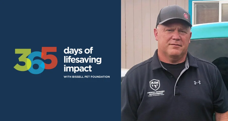 A man wearing a baseball cap and a polo shirt embroidered with Animal Incident Management logo next to text that reads 365 days of lifesaving impact with Bissell Pet Foundation.