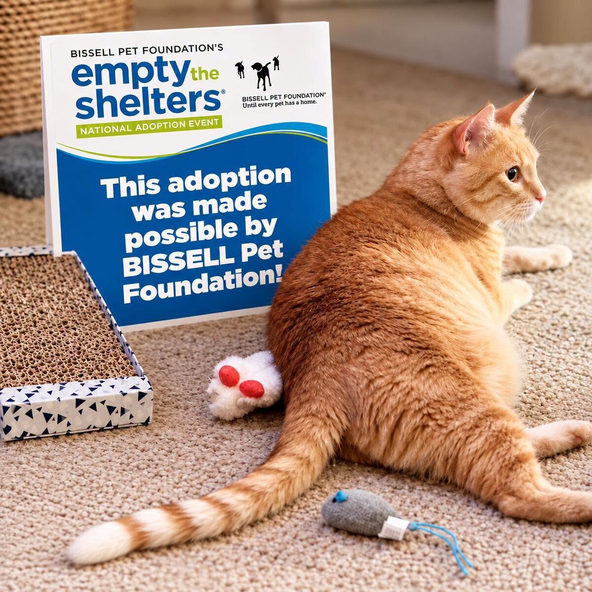 An orange tabby cat sitting on a carpet next to a sign for the Bissell Pet Foundations Empty the Shelters adoption event.